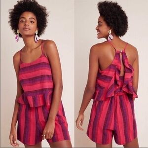 Amadi by Anthropologie Striped Red and Purple Boho Ruffle Romper